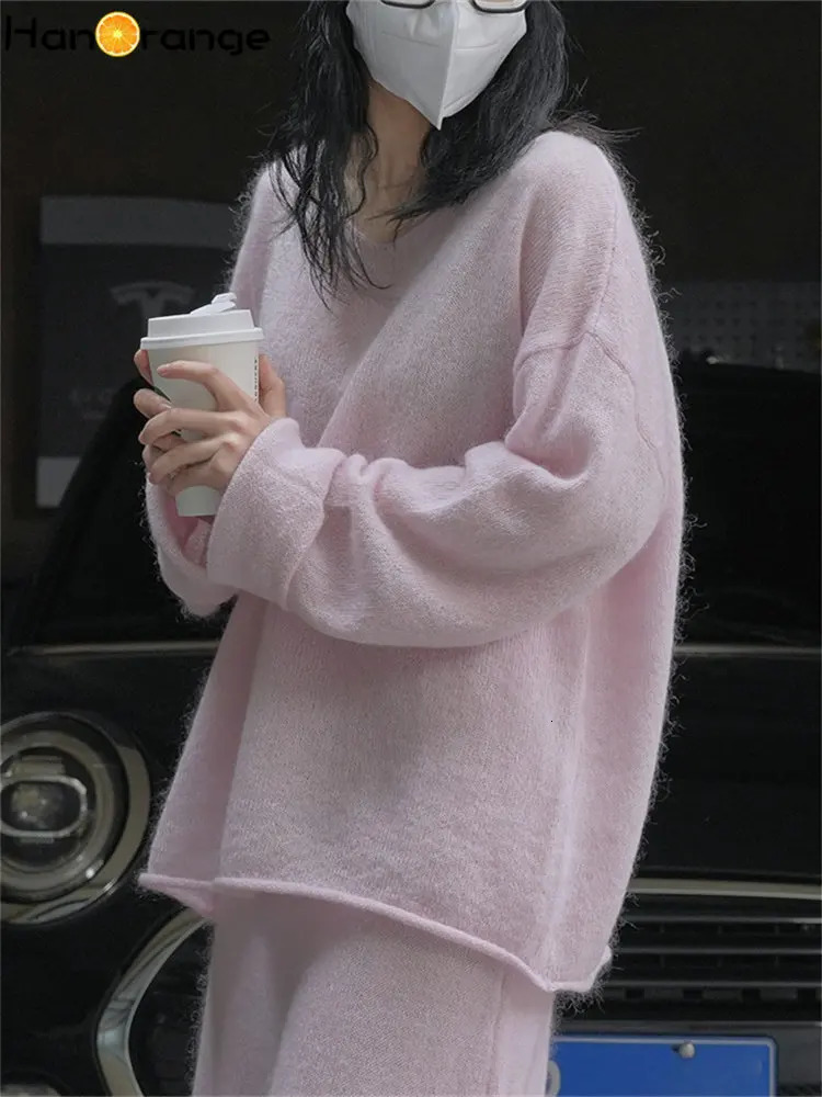 HanOrange Spring Lazy Vneck Mohair Sweater Women Loose Comfortable Hollow Knit Top Female Pinkcoffee 250731