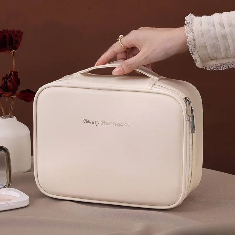 PU Large Capacity Women Tote Makeup Bag Portable Travel Organizer Tolietry Cosmetic Storage Bag Ladies Double Layer Pouch 250731