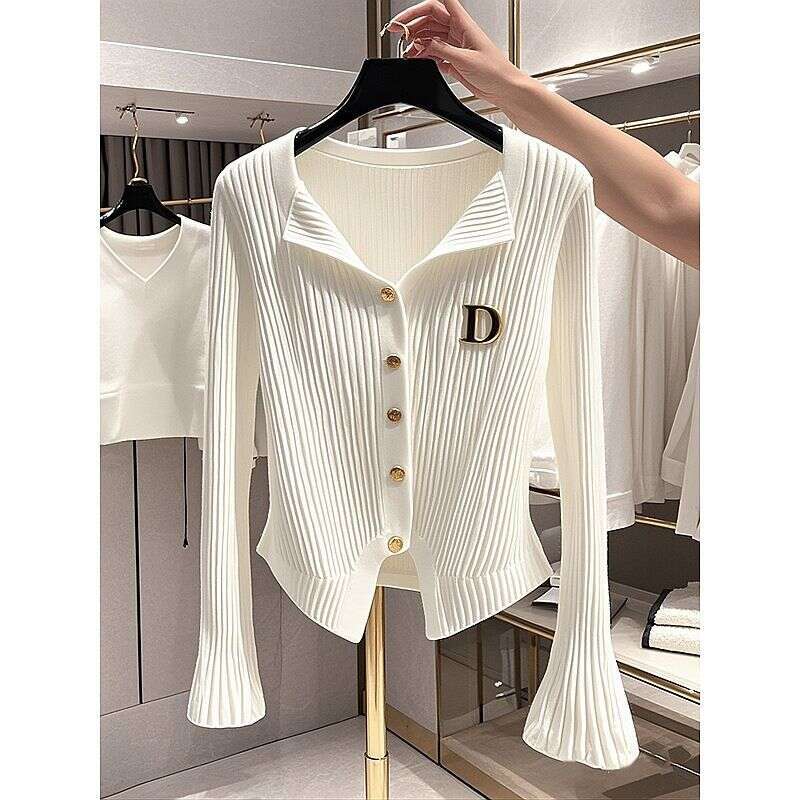 Women's Clothing Popular White Trumpet Sleeve Knitted Cardigan For Women In Early Autumn New Slim Fit Bottoming Top