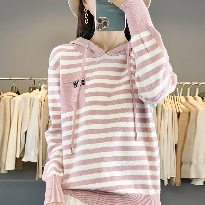 Women's autumn and winter striped hoodie knitted blouse loose large size fashion western style hooded casual sweater