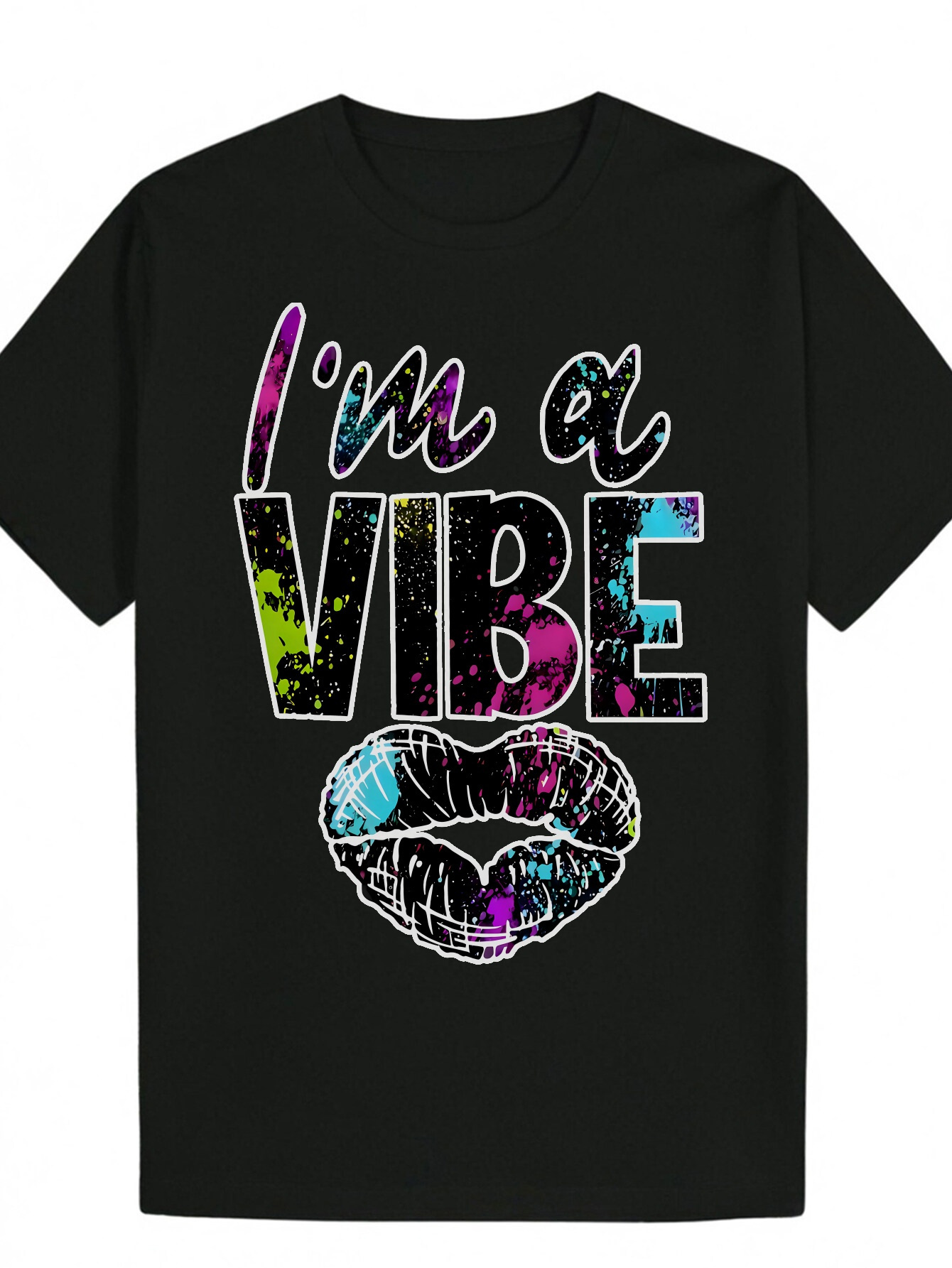 Men's Vibrant 'I'm a Vibe' Graphic - Crew Neck Short Sleeve Black Polyester with Colorful Lip Print Design, Fashion, Summer Casual