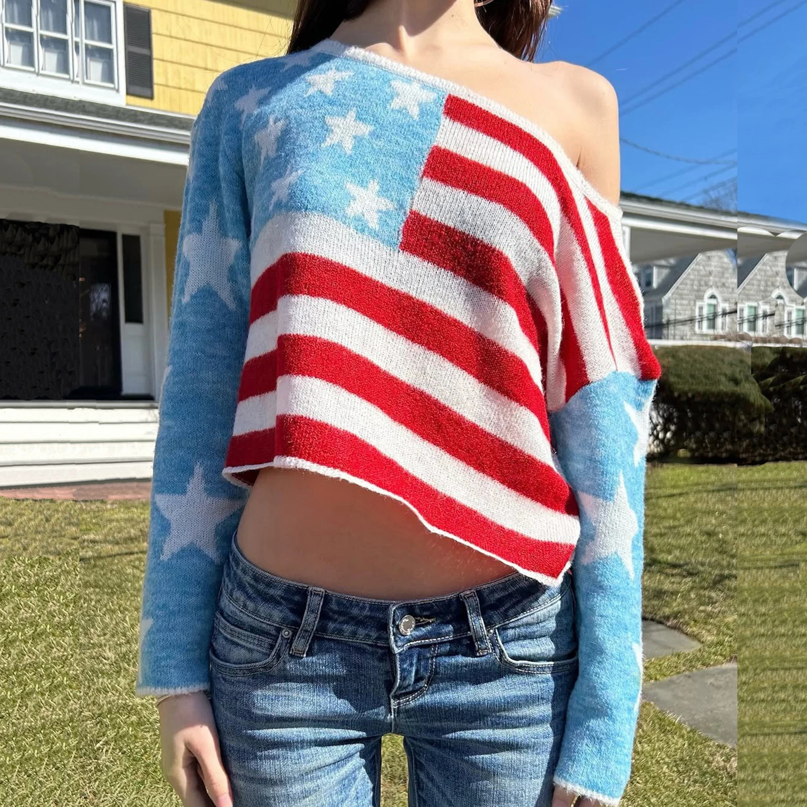 Puloru Off One Shoulder Patriotic Knit Tops Women Boat Neck Long Sleeve Thin Loose Fit Sweater American Flag Knitwears Crop 250731