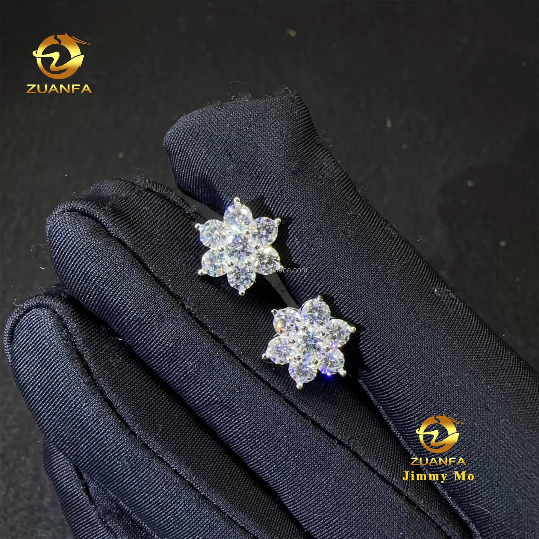 Fire Jewelry Drop Shipping Iced Out Hip Hop 925 Sterling Silver VVS1 Moissanite Diamond Stud Earrings Cluster Flower Earrings
