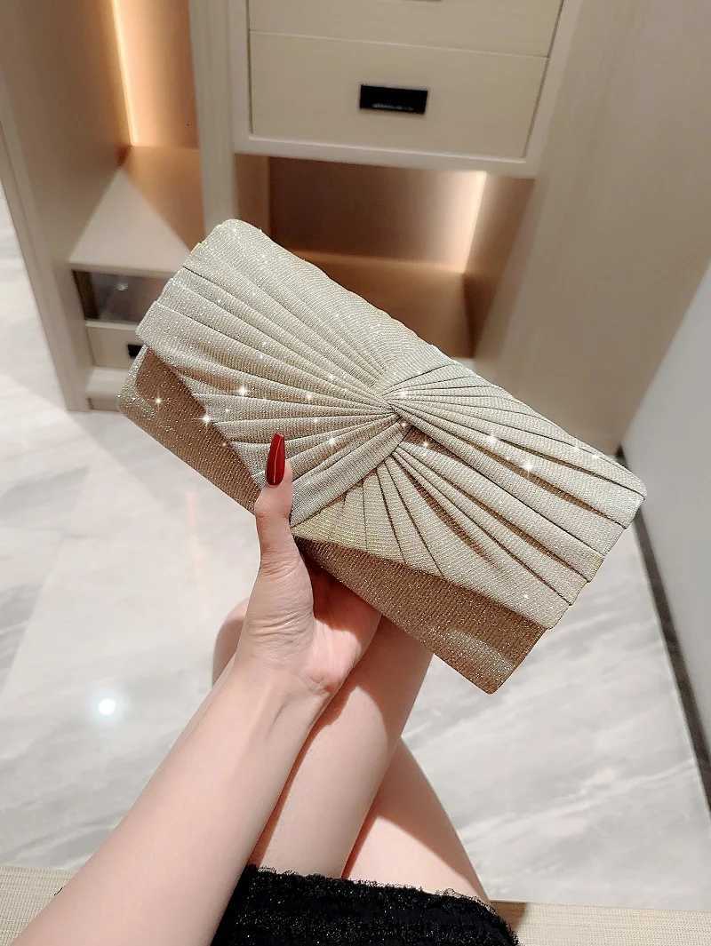 Shiny Banquet Clutch Bag Womens Pleated Handbag Fashion Glitter Flap Square Messenger Bag Females Party Clutch Bag Y250731