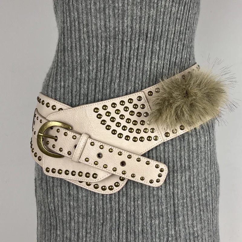 Punk Women Studded Fur Belts Vintage Cowgirl Belt Y2K Metal Pu Gothic Waist Furry Fur Waistband Bohimia for Night Club Dress 250814