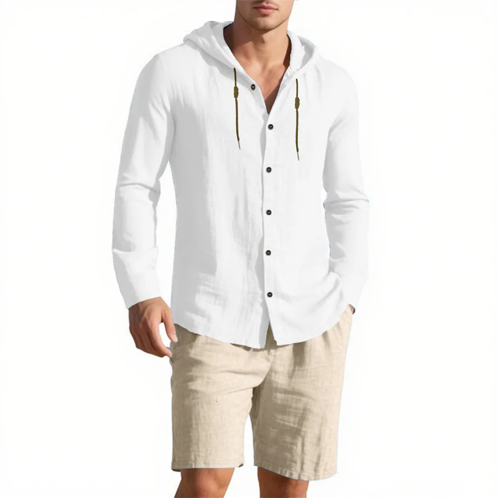 Mens Summer Shirt Sets Cotton Linen Beach Style Vacation Casual Solid Color Hooded Shirt Loose Fit Fashion Male Suit 250724