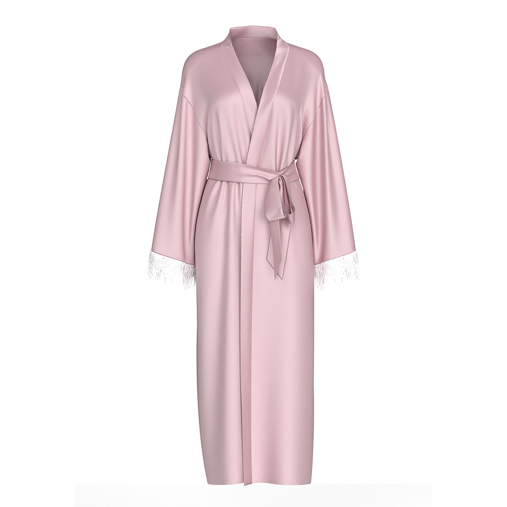 Women's long-sleeved satin ice silk pajamas with feather-trimmed nightgown, camisole long pants and homewear set