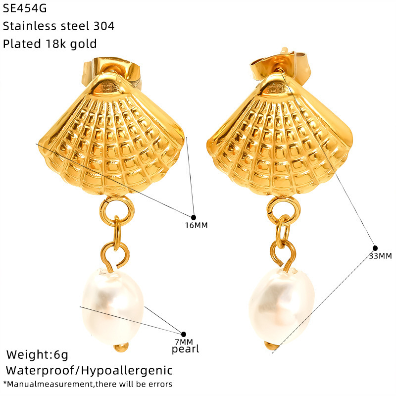Fashion Summer Vacation Style Stainless Steel Conch Starfish Pearl Earrings Niche Versatile High-end Feel