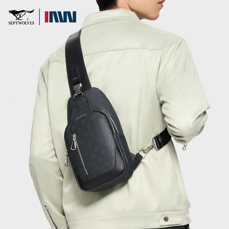 Septwolves Business Thin Printed Leather Crossbody Sling Bag Man Fashion Casual Travel Print Fabric Shoulder Bag iPad Pocket 250731