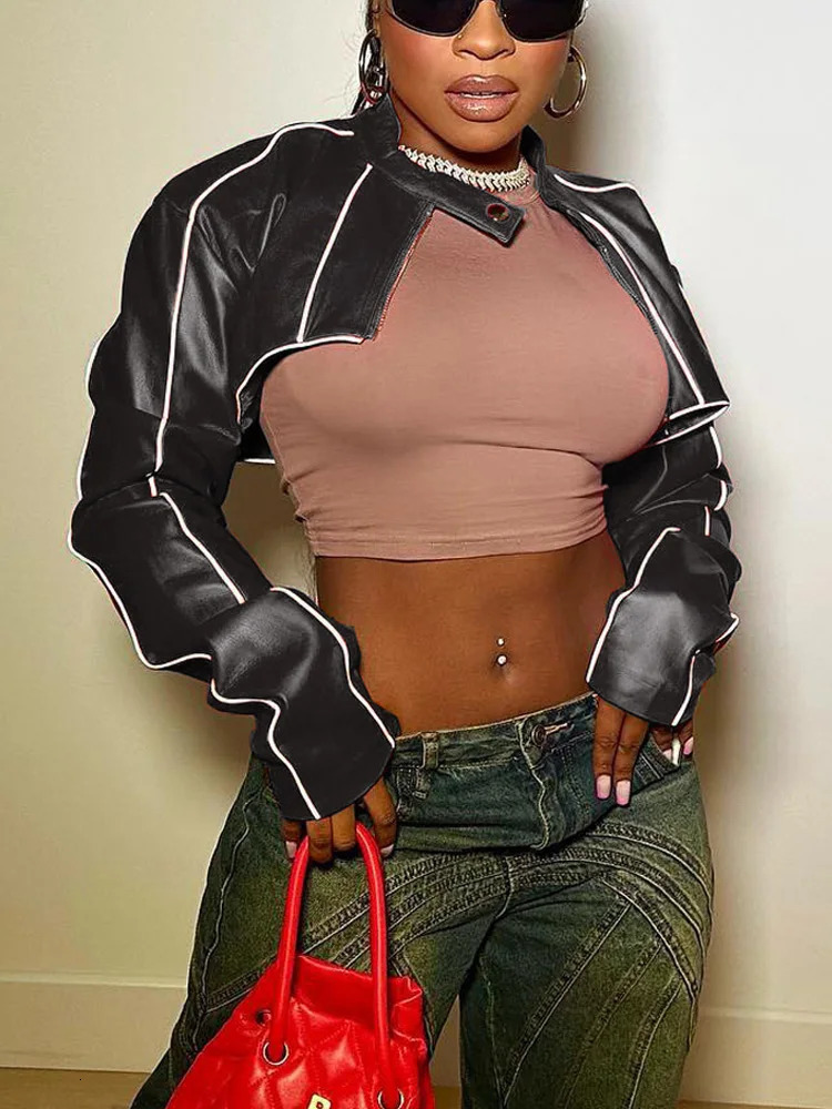 Red PU Faux Leather Sexy Cropped Motorcycle Jackets Women Autumn Fashion Long Sleeve Striped ZipUp Extra Short Coat Female 250731