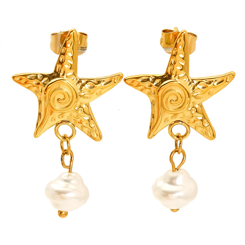 Fashion Summer Vacation Style Stainless Steel Conch Starfish Pearl Earrings Niche Versatile High-end Feel