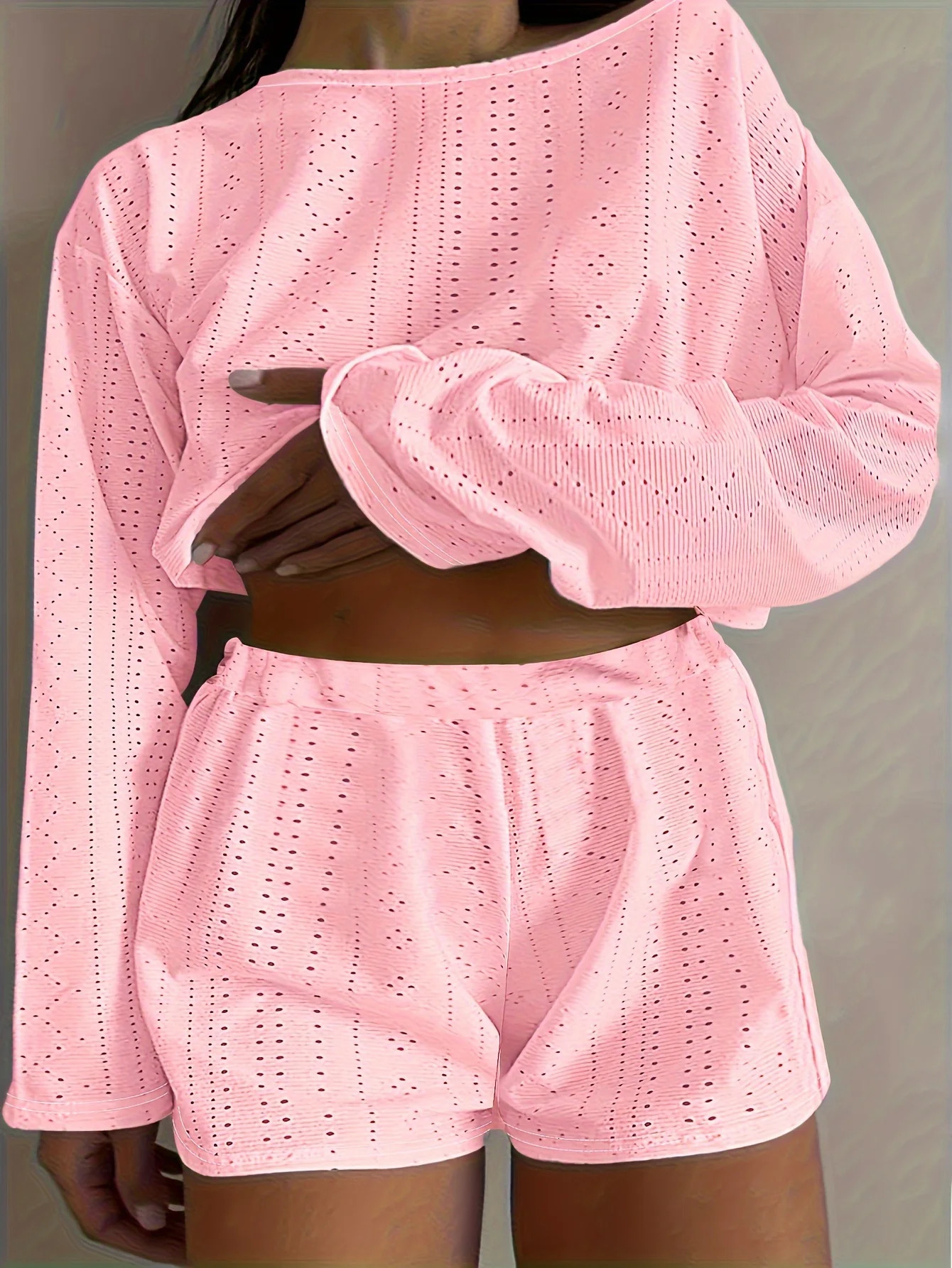 Plus Size Eyelet Casual Shorts Set Crew Neck Long Sleeve Top Outfits Clothing 250729