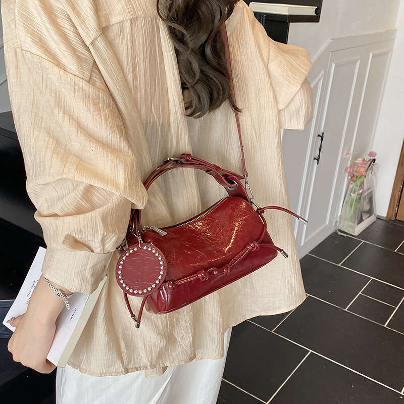 Handheld Shoulder Bag - Brown Lacquer Riveted Round Label Decorative Fashionable Small Bag Versatile, Exquisite Women's Bag for Daily Outing