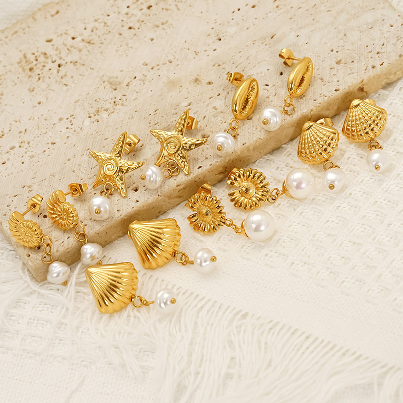 Fashion Summer Vacation Style Stainless Steel Conch Starfish Pearl Earrings Niche Versatile High-end Feel