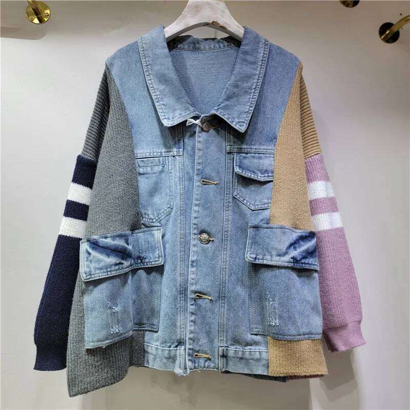 hoodie Fashion New Women's Patchwork Striped Knit Denim Coat Winter Long Sleeves Lapel Jacket Female 1LS521 jacket