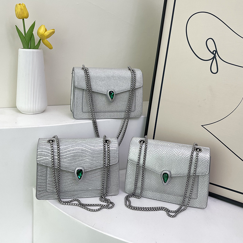 2025 New Women's with Rhinestones, Light Luxury Silver Chain Bag, Textured Commuter Shoulder Crossbody Small Square Bag ddmymoon
