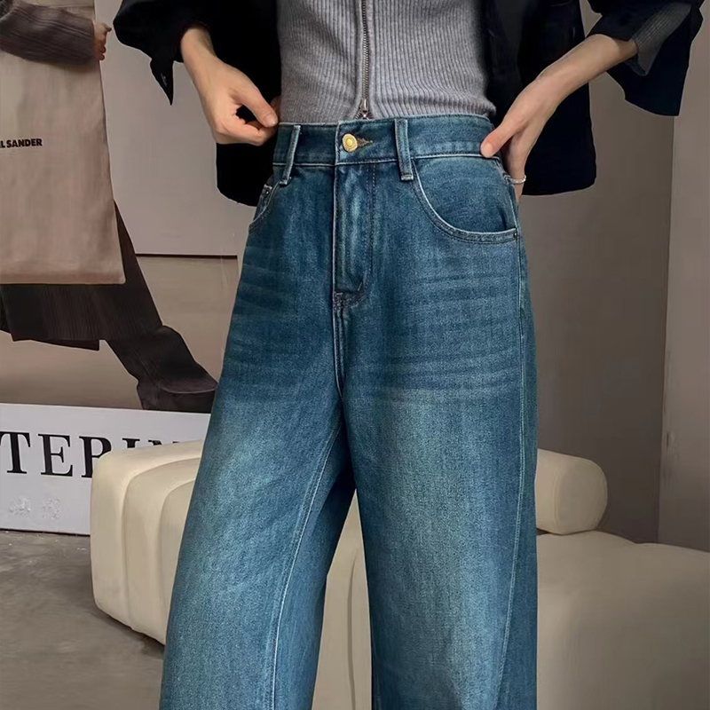 Non-elastic jeans, high-waisted, loose, slimming, sagging straight-leg floor-length pants, flared pants