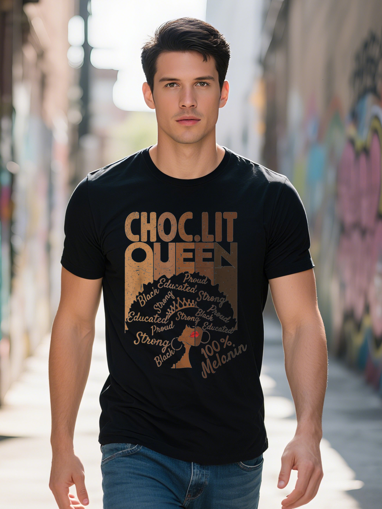 ChocLIT Queen Afro Hair Women's 100% Cotton Crew Neck Short Sleeve T-Shirt, Casual Cartoon Pattern All-Season Pullover, Regular Fit - Black