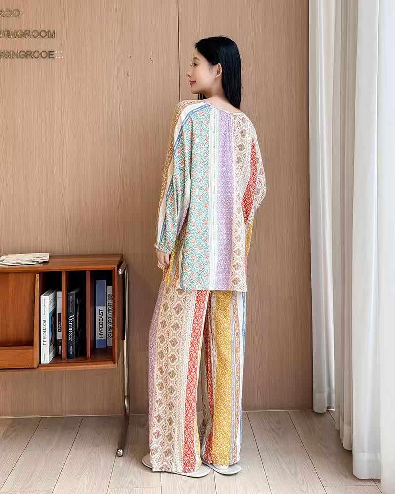 2025 Women's Long-Sleeved Long Pants Spring/Summer Lightweight 2-Piece Set Bohemian Style Stretch Waistband Women's Pajamas Can Be Worn Outs