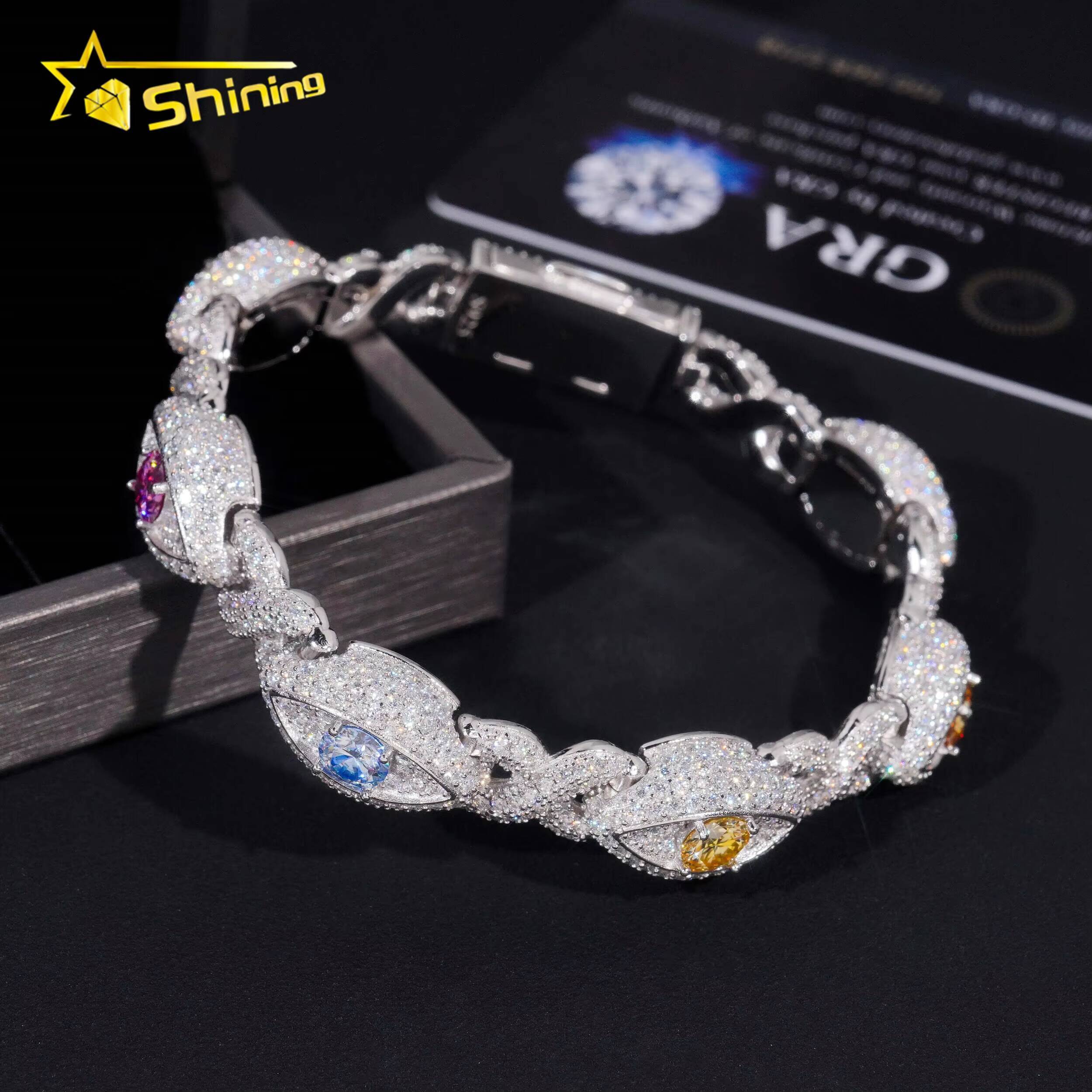 New Design Pass Diamond Tester Silver 925 Gold Plated Hip Hop Jewelry 12mm Big Eye Colored Custom Moissanite Cuban Link Bracelet
