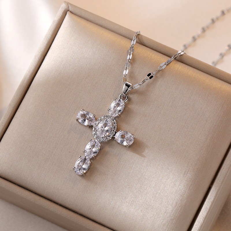 Stainless Steel Religion Jesus Cross Pendant Necklace For Women Men Shiny Zircon 18K Gold Color Chain Simple Design Hip Hop Party Jewelry