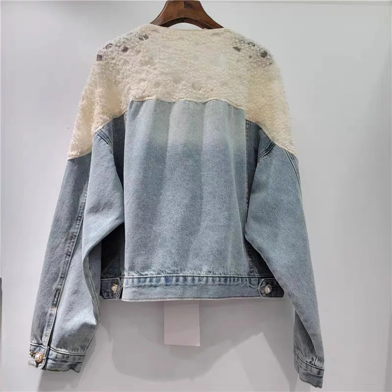 DEAT Womens Denim Coat Patchwork Lace Pearls Elegant Single Breasted Broken Holes Jackets Summer Fashion 29A797 250731