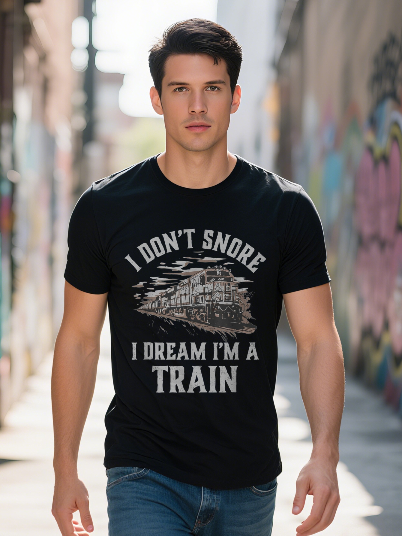 Men's 100% Cotton T-Shirt - Don't Snore, I Dream I'm a Locomotive Engineer with Steam Train Illustration, Casual Crew Nec, Short Sleeve