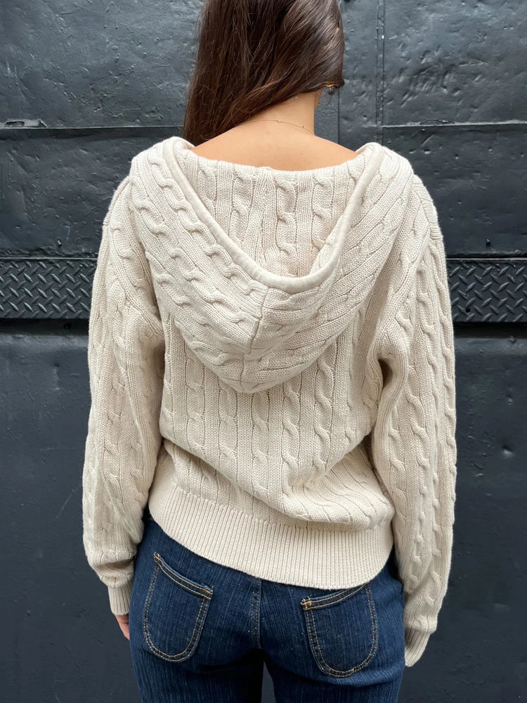 Solid Twist Knitted Hooded Cardigan Women Autumn Casual Cotton Ribbed Trim Zipup Sweater Vintage Streetwear Cropped Tops Coat 250731