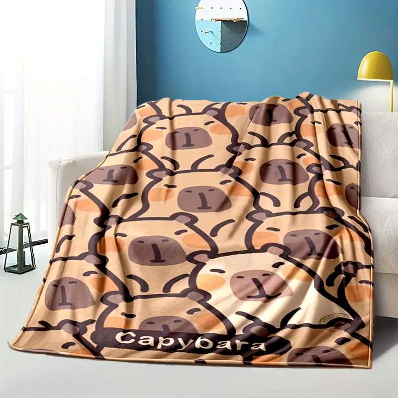 Capybara Cartoon 3D Printed Flannel Blanket - Soft Lightweight and Warm | Champagne with Brown and Black Accents | Tear-resista Y250731
