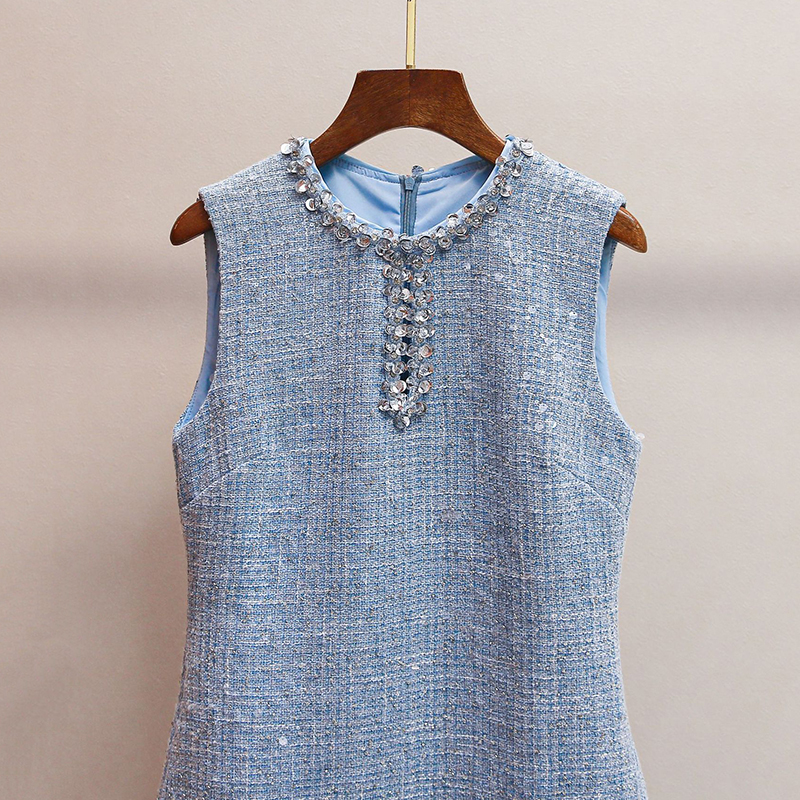 Elegance Classic French Chic Tweed Dress Chan style mist blue dia-encrusted and cut-out sexy round-neck sequined vest Designer Summer Dresses dress