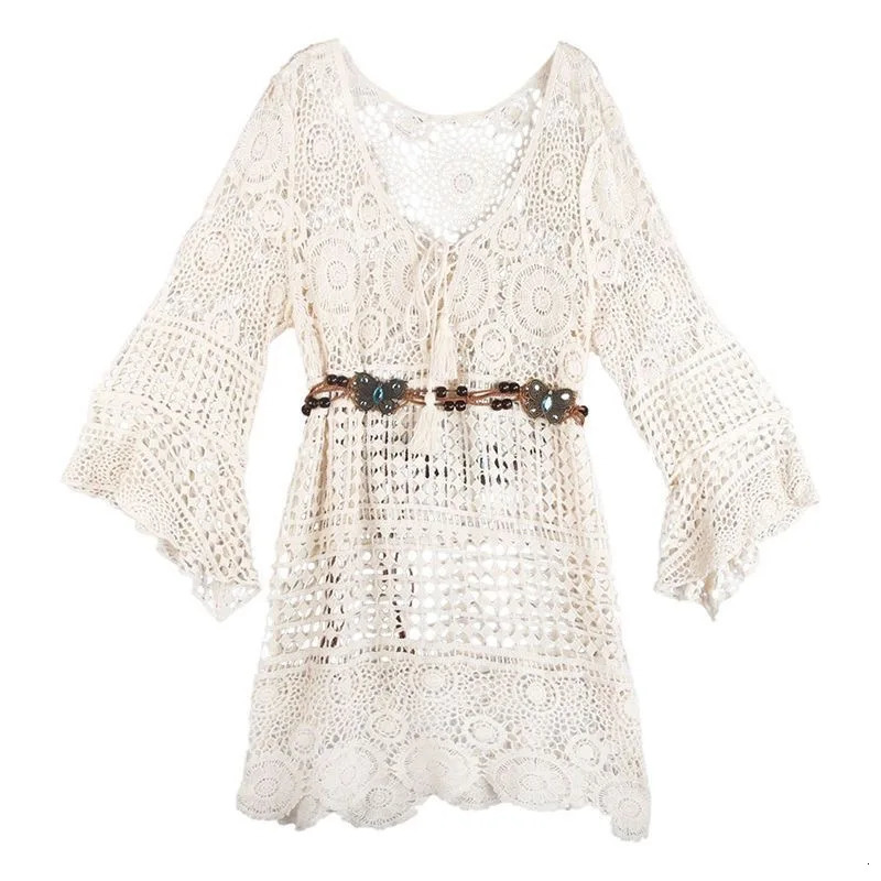 Crochet Tunic Top Boho Women Summer Beach Wear Lantern Sleeve Tassel VNeck Open Knit 250731