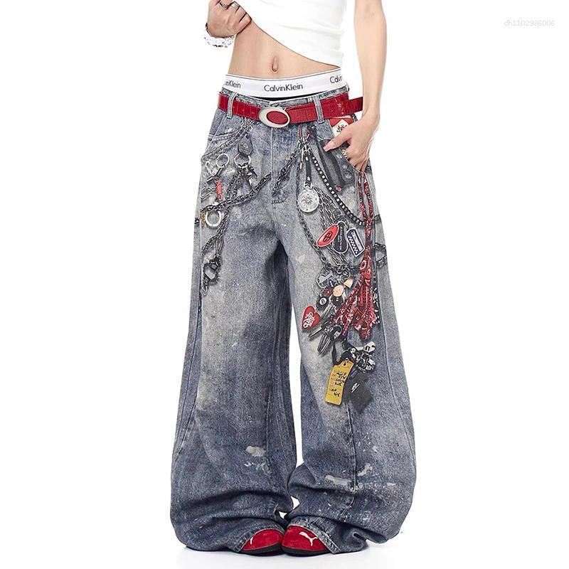 Men's Jeans Autumn Korean Trendy Harajuku Streetwear Y2K Candy Chain 3D Printed Baggy Hip-hop Retro Punk Straight Wide-leg Pants