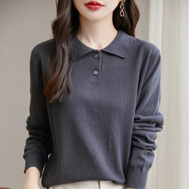 Women 100% Cotton Sweater Polo Collar Pullover Casual Solid Color Knitwear Long Sleeve Spring Autumn Bottoming Clothing Tops 250731
