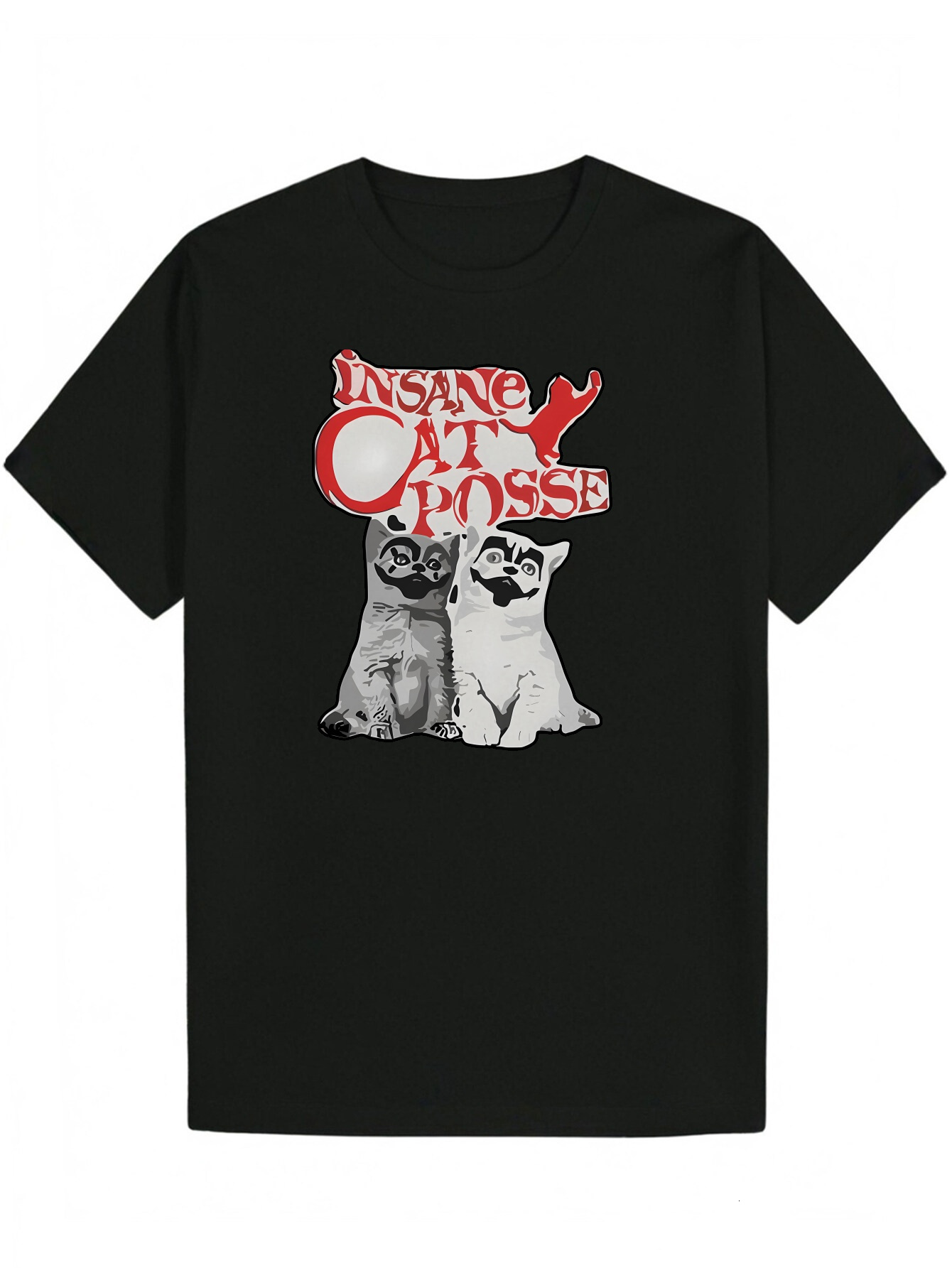 Men's Summer Casual Crew Neck - Crazy Cat Pattern, Black Polyester, Animal Print, Machine Washable, Regular Fit, Playful Pattern T-Shirt | Comfor