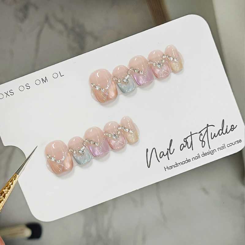 10 Pcs Short Press on Nails Handmade Full Cover Shiny Cat Eye Finished Nails Set Fashion Summer Rhinestone Nail Art R250807