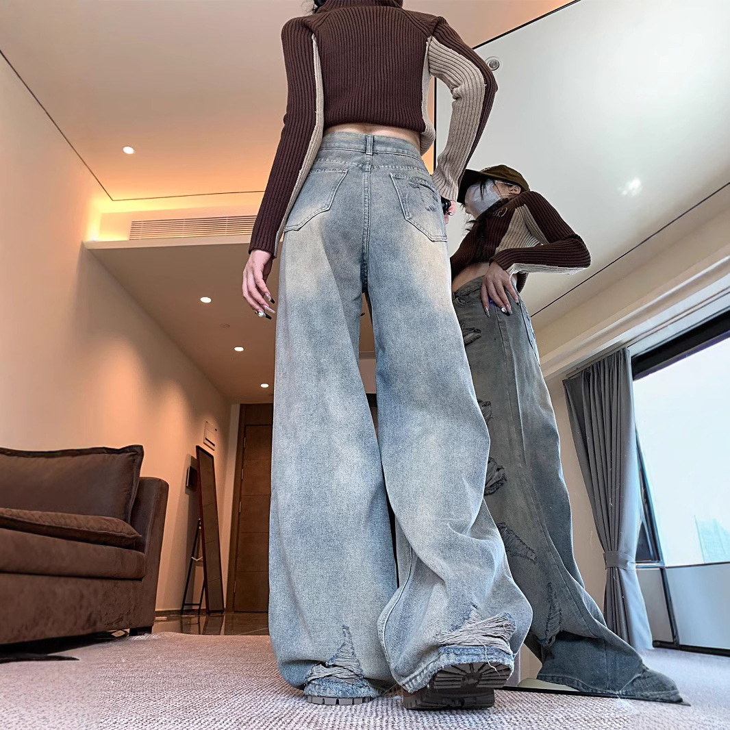 2025 Summer New Wilderness Style Ragged, niche fashion, retro beggar floor pants, designer jeans, designer pants, women's jeans