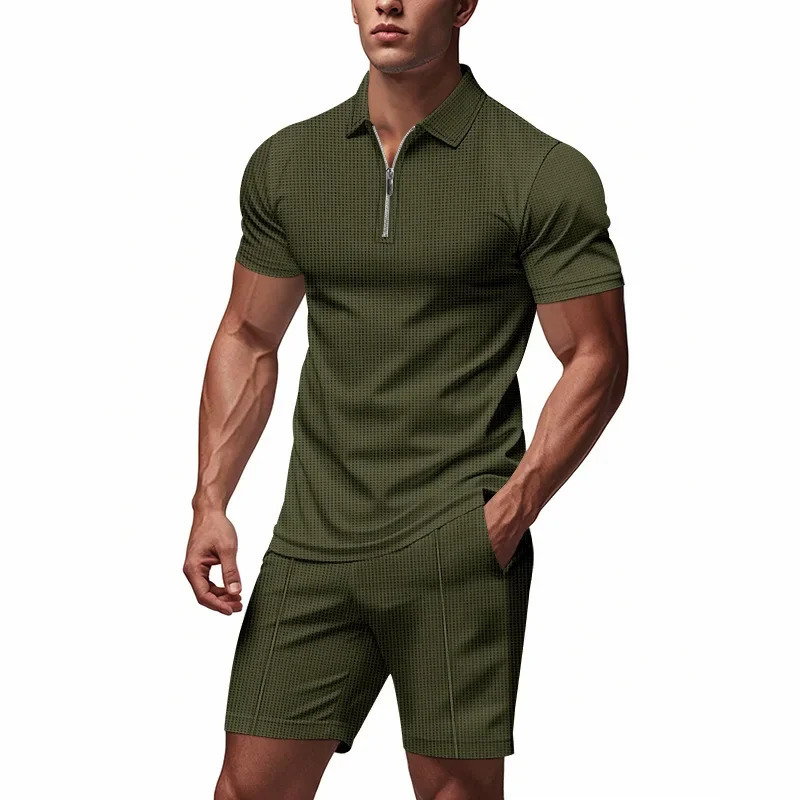 Crossborder American summer zipper shortsleeved POLO shirt casual shorts suit men 250724