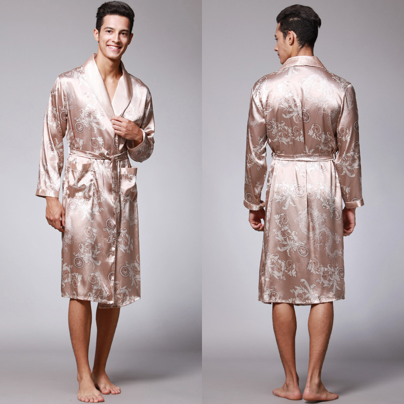 Designer luxury brand bathrobes silk and ice silk men's pajamas long - sleeved bathrobes home clothes