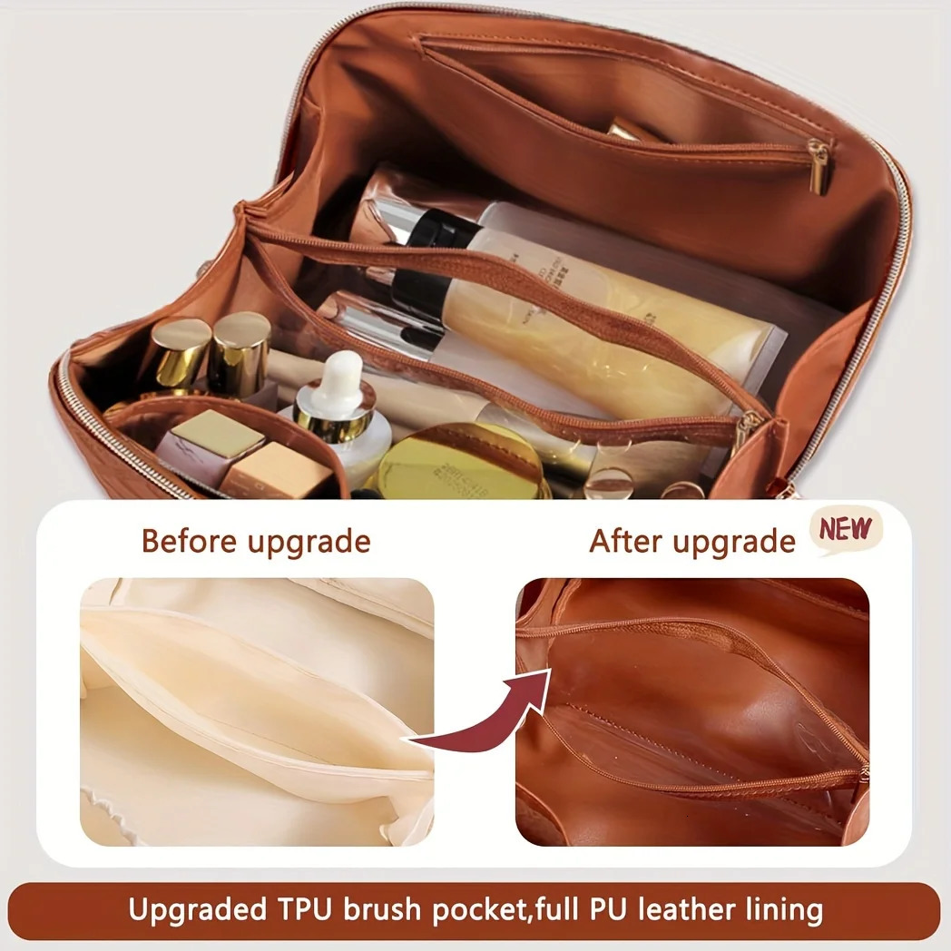 Travel Makeup Bag Large Opening Makeup Bag Portable Water Resistant Make Up Bags PU Leather Cosmetic Bag with Compartment 250731