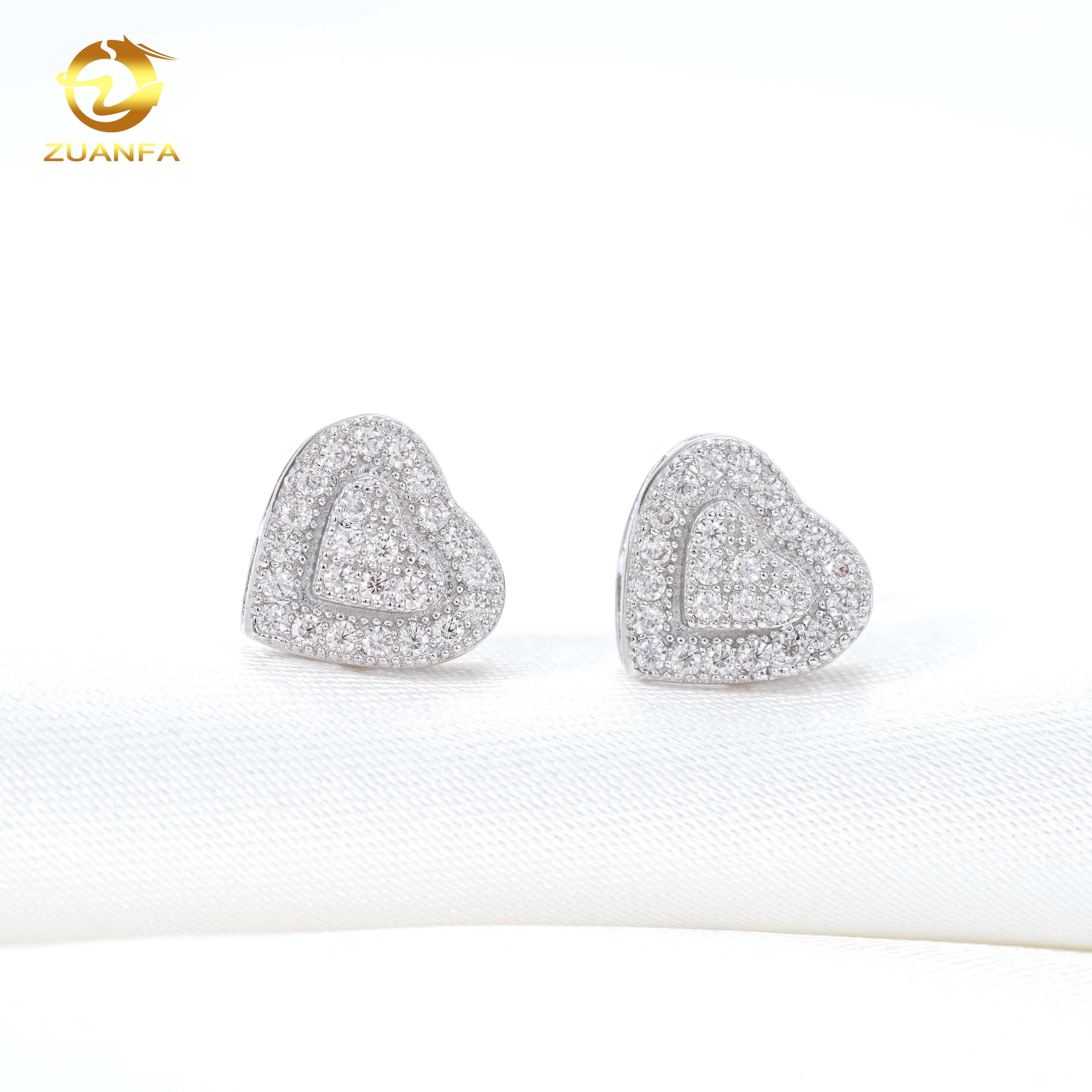 IGI Certified Fashion Heart Design Earring Cluster Lab Grown 925 Sterling Silver Iced Out Lab Diamond Screw Back Earrings