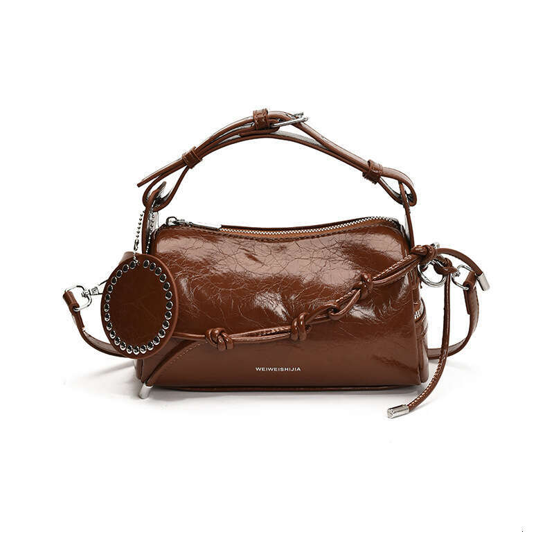 Handheld Shoulder Bag - Brown Lacquer Riveted Round Label Decorative Fashionable Small Bag Versatile, Exquisite Women's Bag for Daily Outing