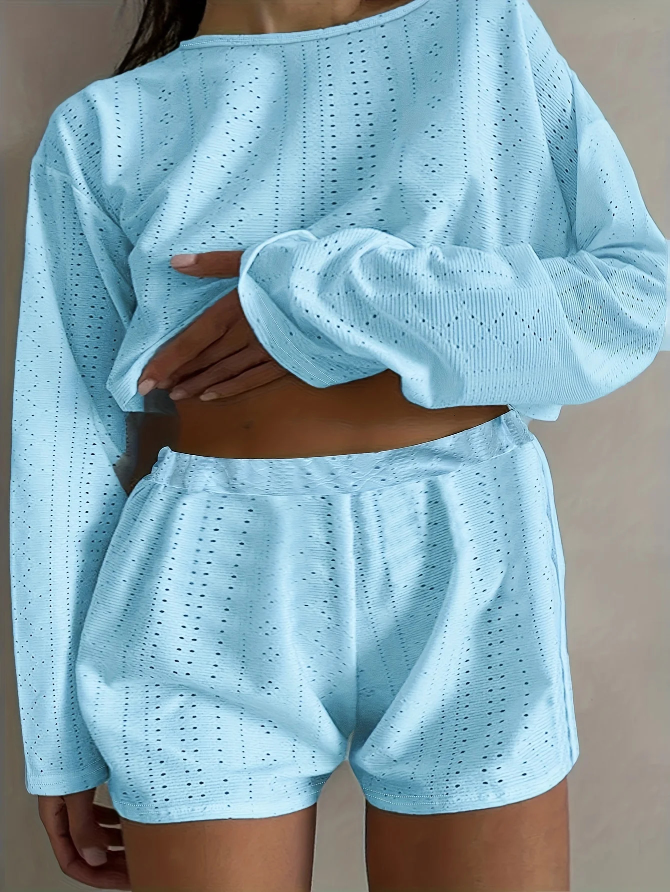 Plus Size Eyelet Casual Shorts Set Crew Neck Long Sleeve Top Outfits Clothing 250729