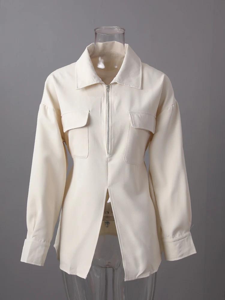 EAM Women Beige Zipper Pocket Back Bandage Blouse Lapel Long Sleeve Loose Fit Shirt Fashion Spring Autumn 1DF1491 250731