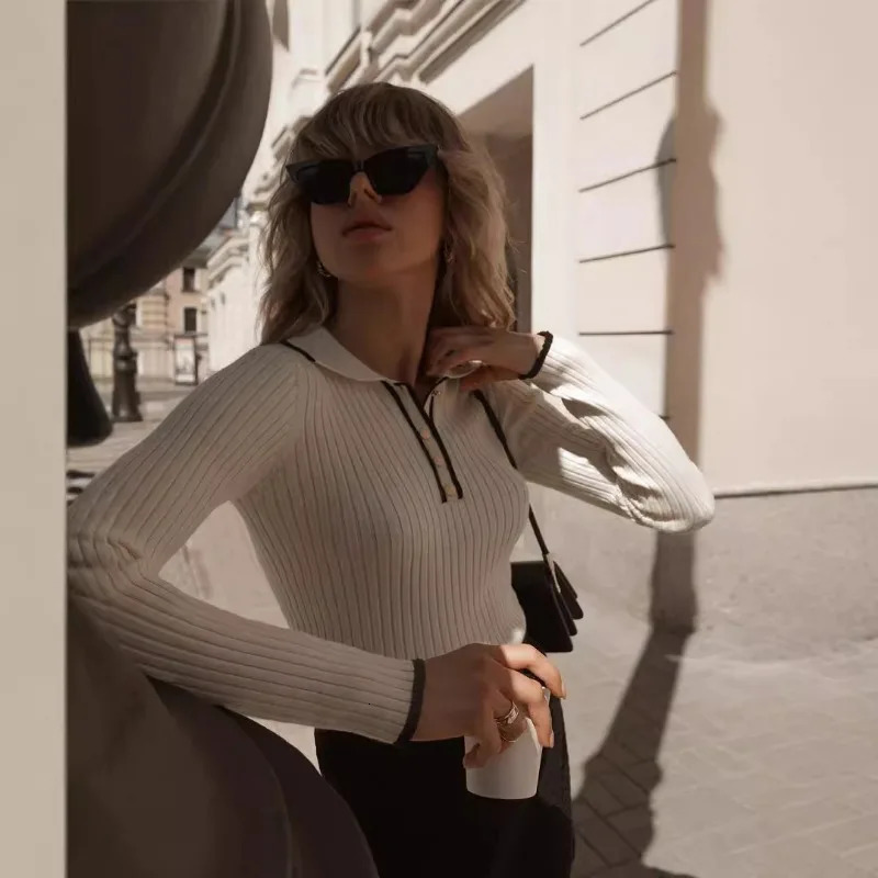 Talenza Autumn Knitted Pullover Womens Long Sleeve Patchwork Sweater Top Tight Bottoming Colorblock Lapel 250731