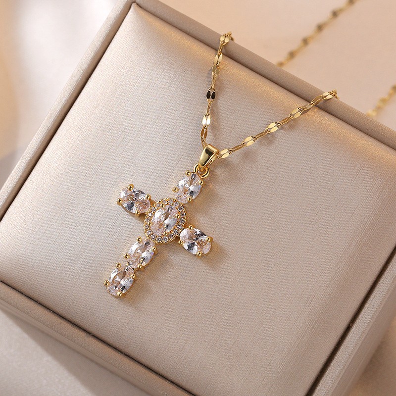 Stainless Steel Religion Jesus Cross Pendant Necklace For Women Men Shiny Zircon 18K Gold Color Chain Simple Design Hip Hop Party Jewelry