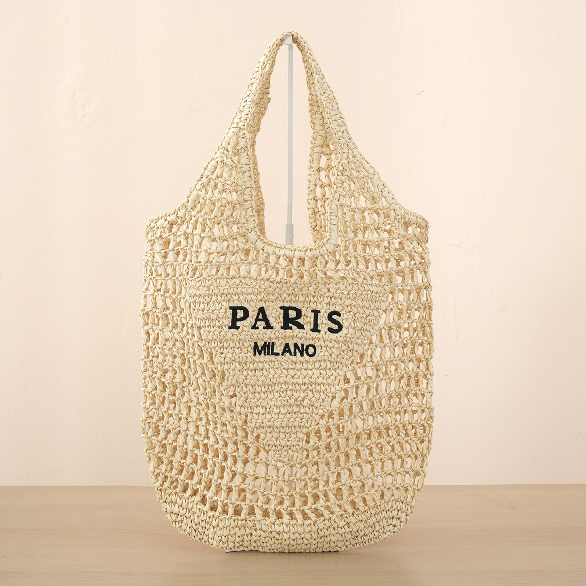 Letter Embroidery Women's Handmade Handbag Designer Hollow Crochet Straw Woven Leisure Vacation Beach Shoulder Bag