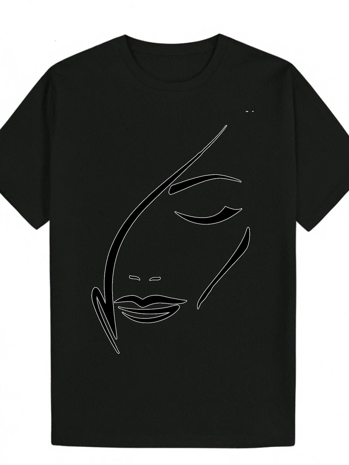 Men's Summer Casual Crew Neck T-Shirt - Black with White Portrait Pattern, Breathable Polyester, Regular Fit, Machine Washable