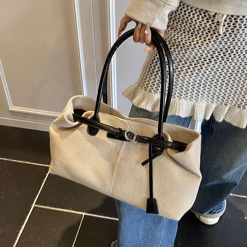 Casual Large Capacity Canvas for Women 2025 New Commuter Versatile Shoulder Underarm Color Block Handheld Tote Bag