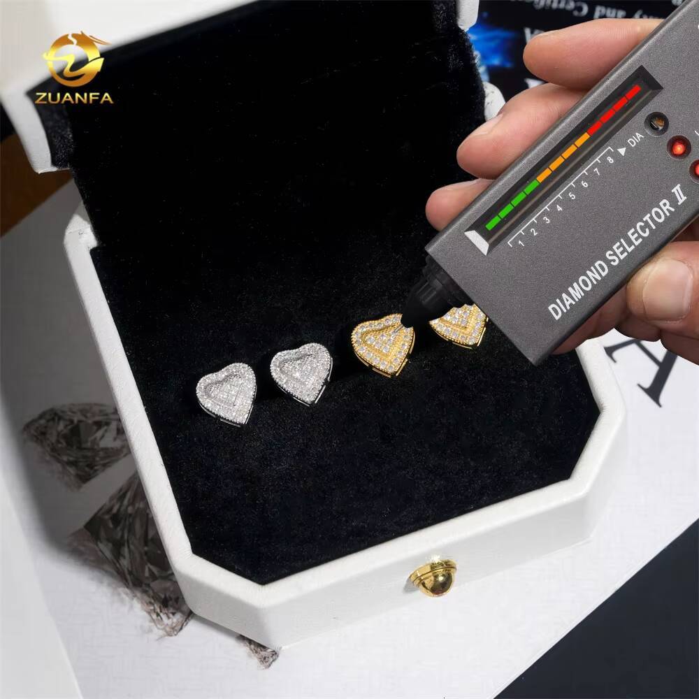 Hip Hop Style Heart Stud Iced Out GRA Certified Moissanite Diamond 925 Sterling Silver Earrings