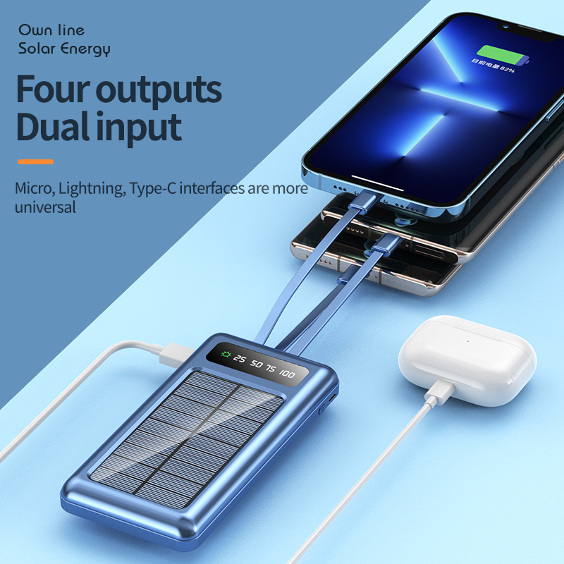 Winsway Metal Solar Portable Power Bank 10000mAh, 2.1A Fast Charging, Includes Type-C/USB Universal Output Cable, Solar/USB Self-Charging, LED Screen 